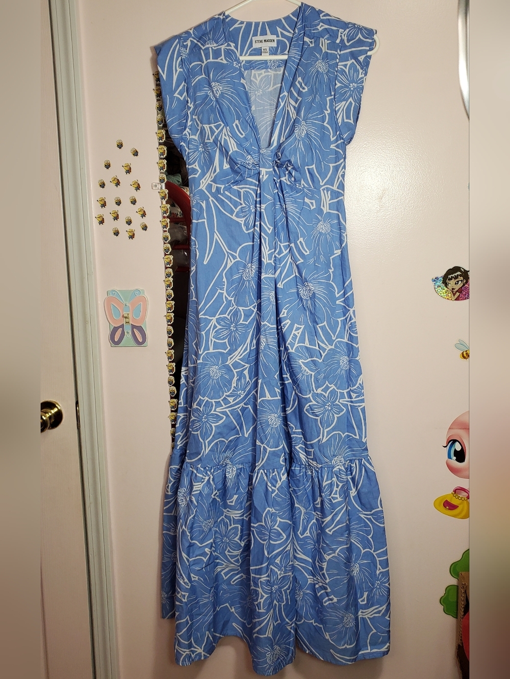 Steve Madden Amanda Dress Floral Print Cap Sleeve Twist Front Maxi Blue Size XS